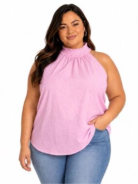 Torrid Chiffon Clip Dot Smocked Halter Tank Top In Pink Size 2X